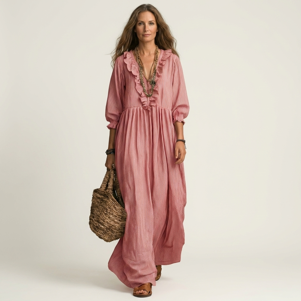 Yosetta | Ruffled V-Neck Striped Maxi Dress with Lantern Sleeves