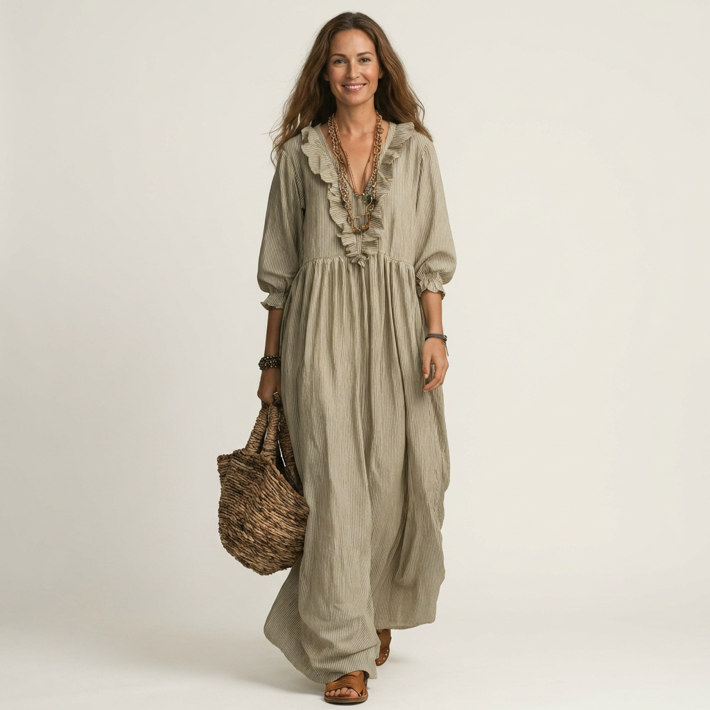 Yosetta | Ruffled V-Neck Striped Maxi Dress with Lantern Sleeves