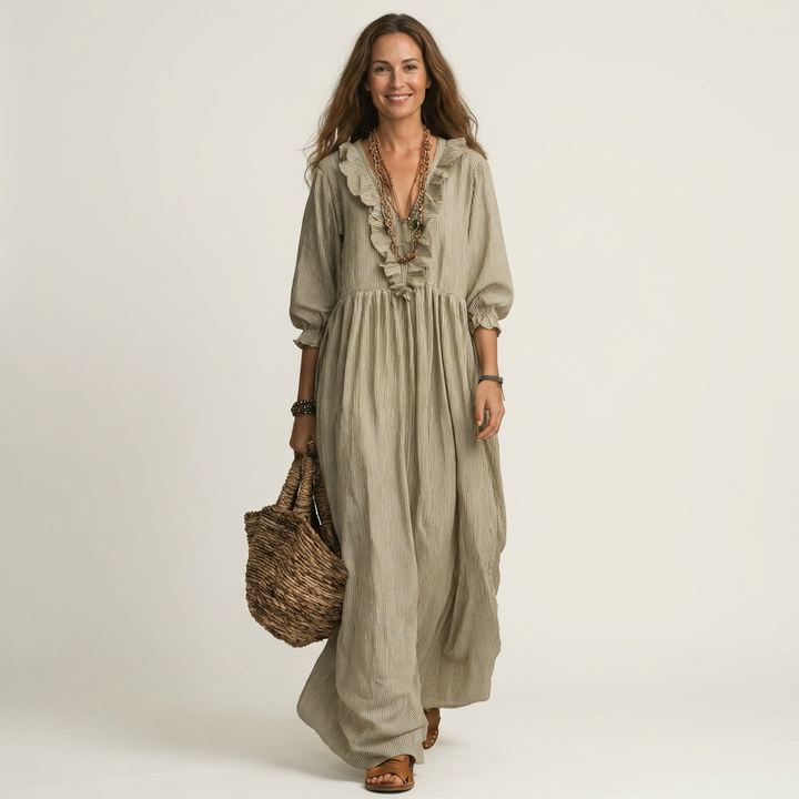 Yosetta | Ruffled V-Neck Striped Maxi Dress with Lantern Sleeves