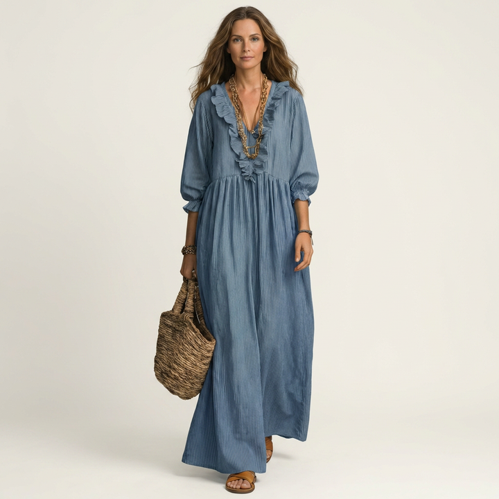 Yosetta | Ruffled V-Neck Striped Maxi Dress with Lantern Sleeves