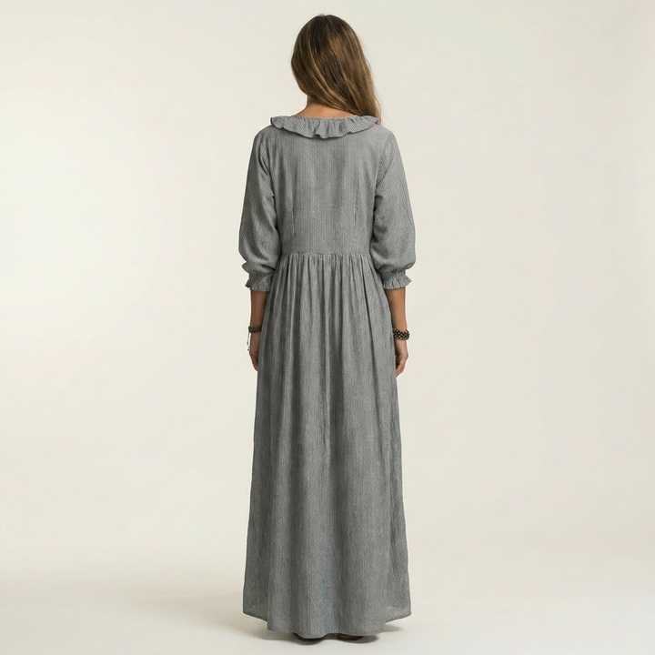 Yosetta | Ruffled V-Neck Striped Maxi Dress with Lantern Sleeves