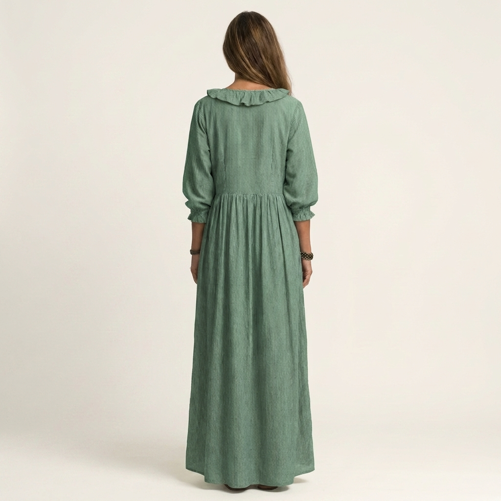 Yosetta | Ruffled V-Neck Striped Maxi Dress with Lantern Sleeves