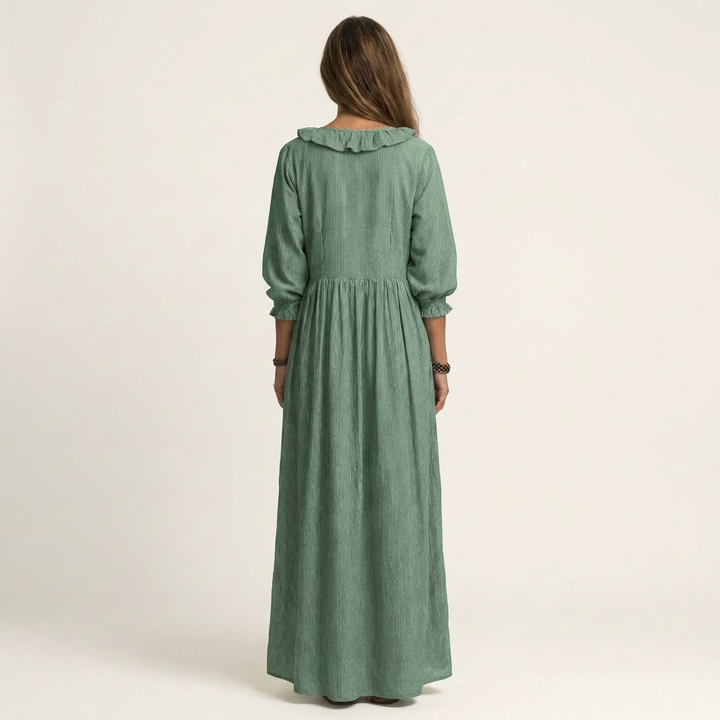 Yosetta | Ruffled V-Neck Striped Maxi Dress with Lantern Sleeves