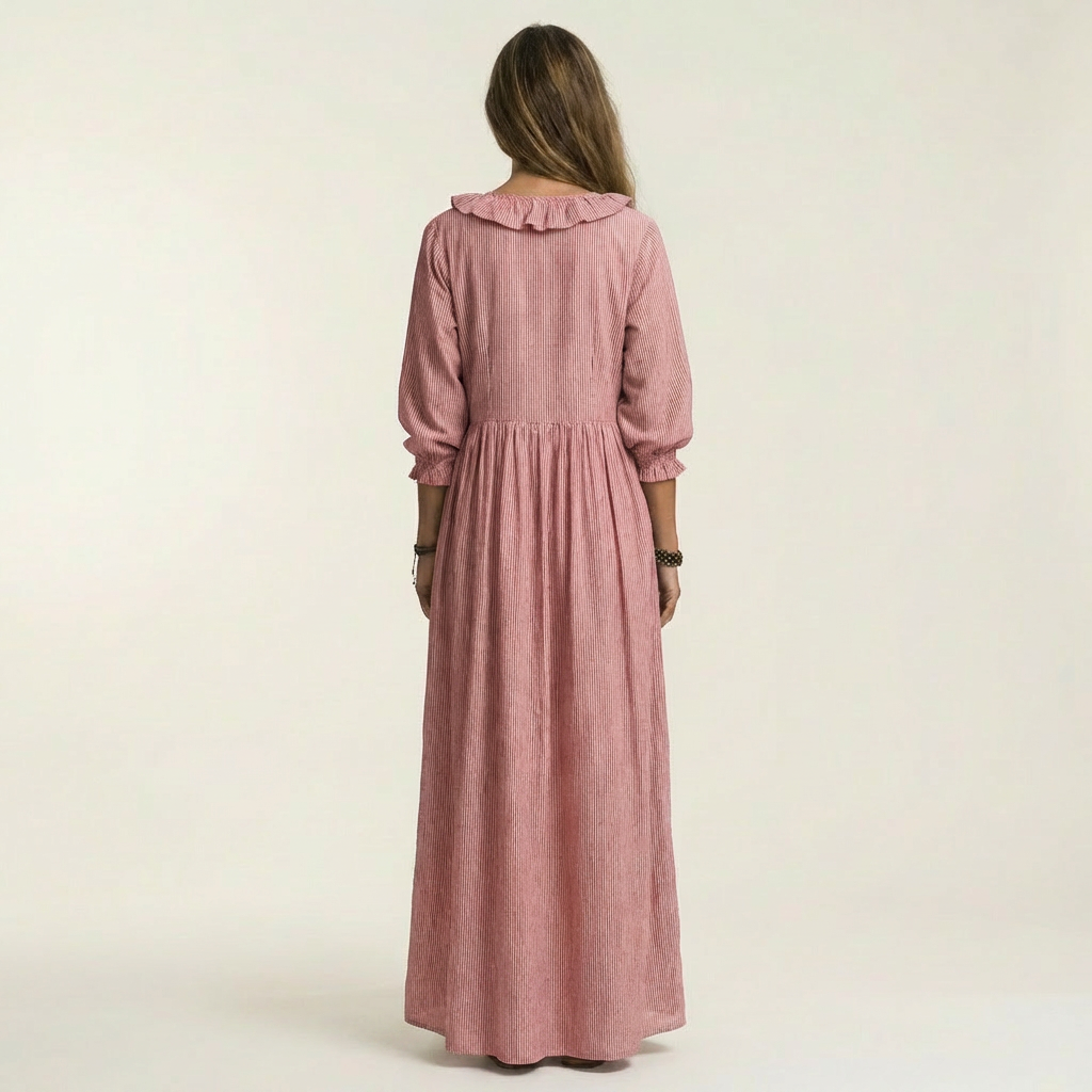 Yosetta | Ruffled V-Neck Striped Maxi Dress with Lantern Sleeves