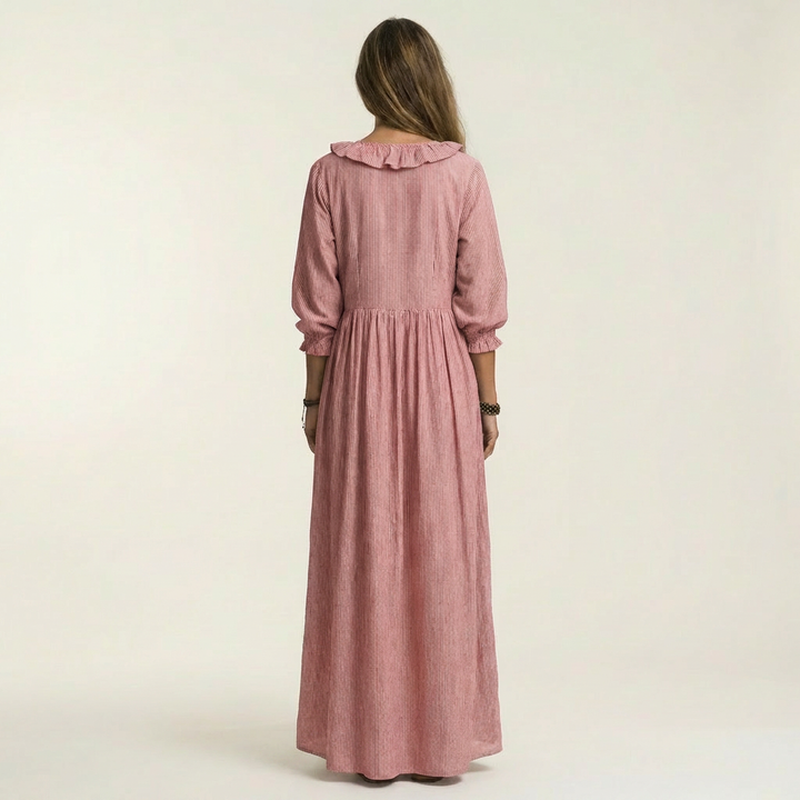 Yosetta | Ruffled V-Neck Striped Maxi Dress with Lantern Sleeves