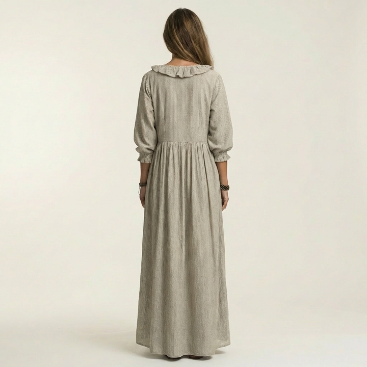 Yosetta | Ruffled V-Neck Striped Maxi Dress with Lantern Sleeves