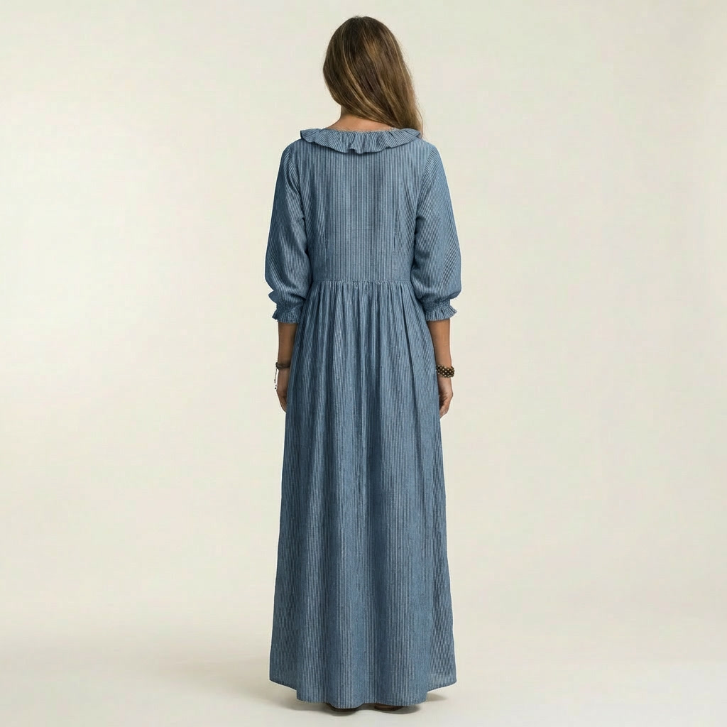Yosetta | Ruffled V-Neck Striped Maxi Dress with Lantern Sleeves