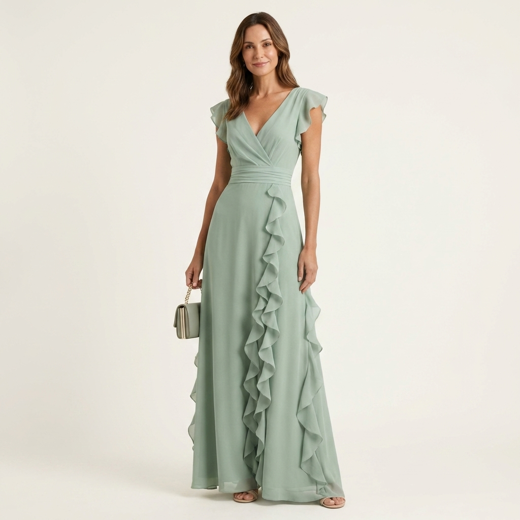Nellyana | Wrap Style V-Neck Flounce Sleeve Cascading Ruffle Maxi Dress