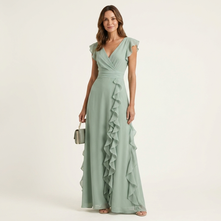 Nellyana | Wrap Style V-Neck Flounce Sleeve Cascading Ruffle Maxi Dress