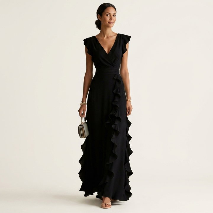 Nellyana | Wrap Style V-Neck Flounce Sleeve Cascading Ruffle Maxi Dress