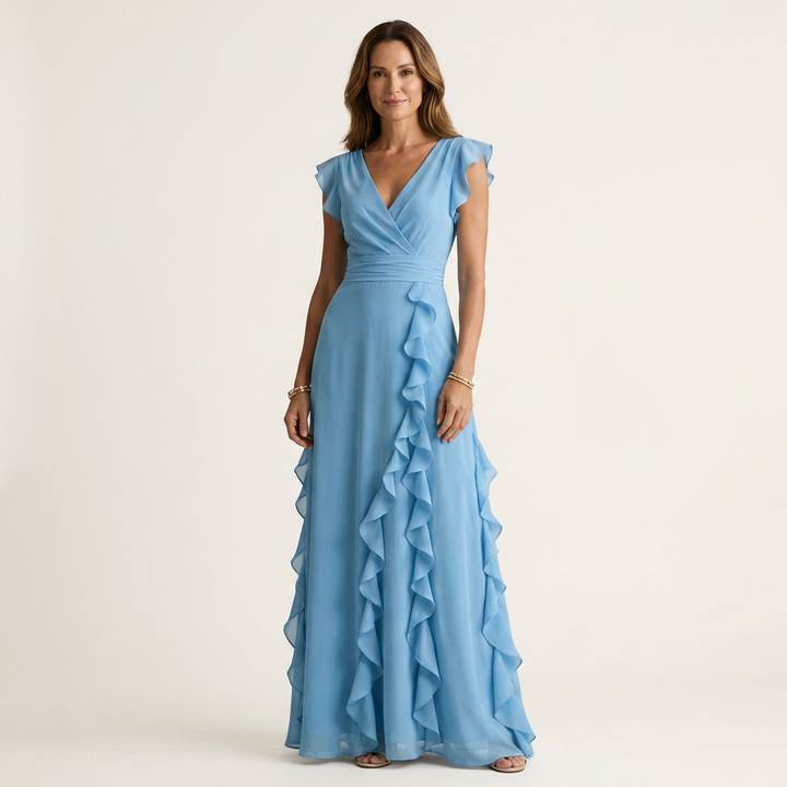 Nellyana | Wrap Style V-Neck Flounce Sleeve Cascading Ruffle Maxi Dress
