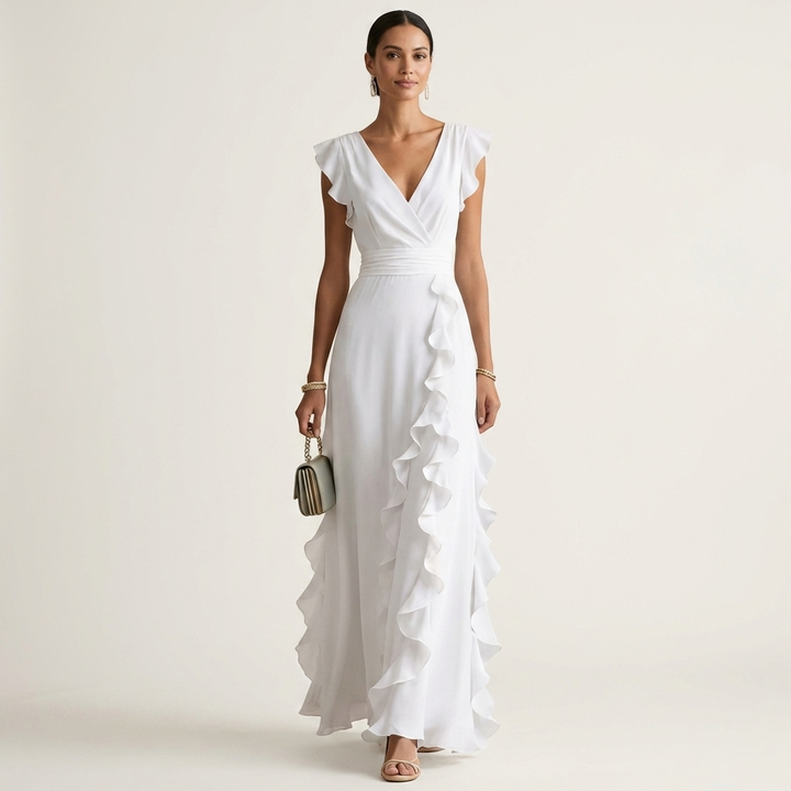 Nellyana | Wrap Style V-Neck Flounce Sleeve Cascading Ruffle Maxi Dress