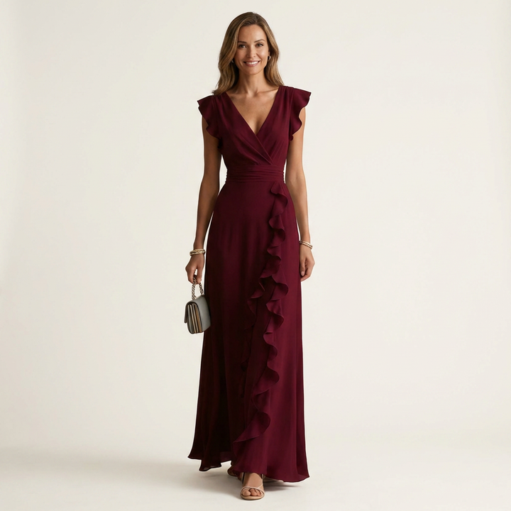 Nellyana | Wrap Style V-Neck Flounce Sleeve Cascading Ruffle Maxi Dress