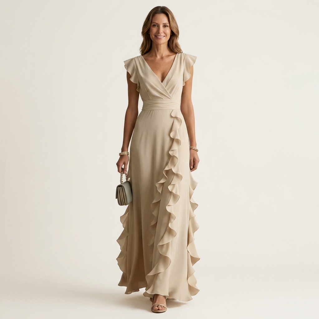 Nellyana | Wrap Style V-Neck Flounce Sleeve Cascading Ruffle Maxi Dress