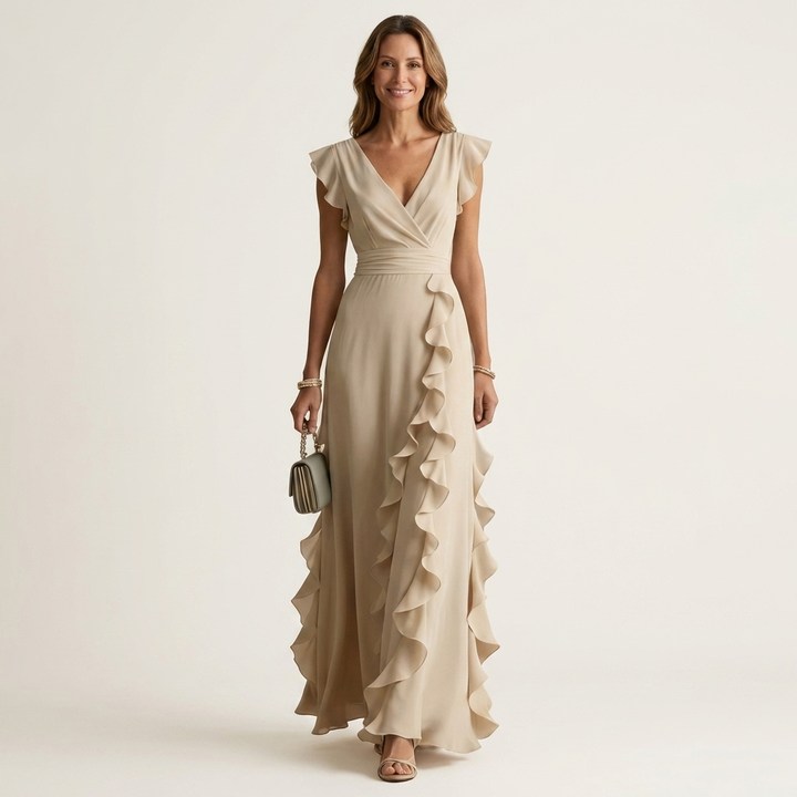 Nellyana | Wrap Style V-Neck Flounce Sleeve Cascading Ruffle Maxi Dress