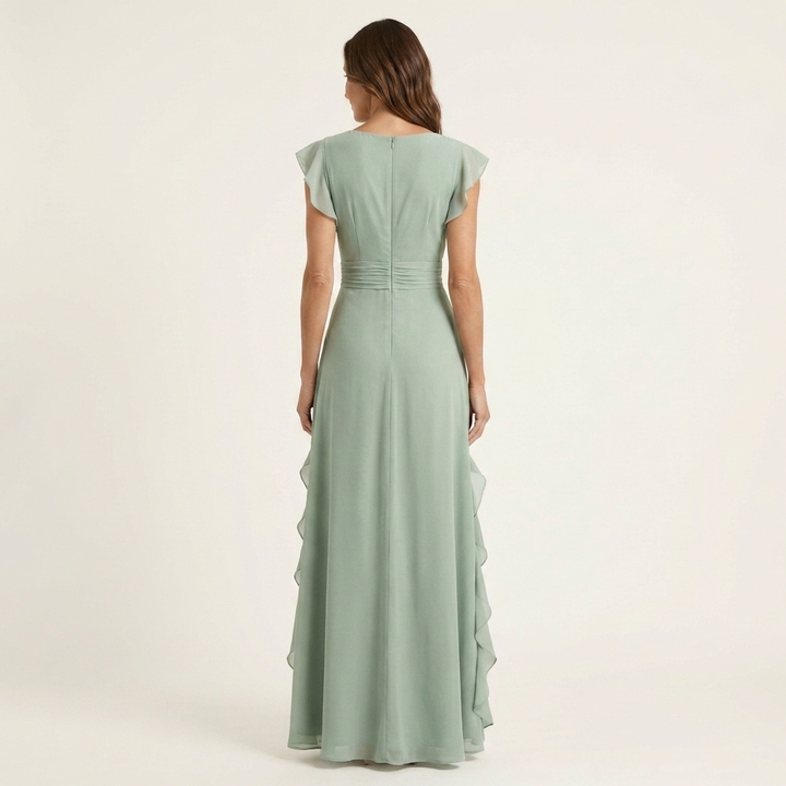 Nellyana | Wrap Style V-Neck Flounce Sleeve Cascading Ruffle Maxi Dress