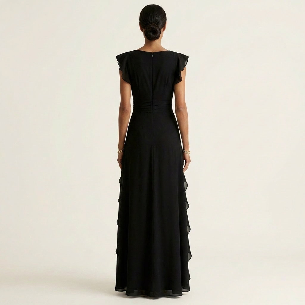 Nellyana | Wrap Style V-Neck Flounce Sleeve Cascading Ruffle Maxi Dress