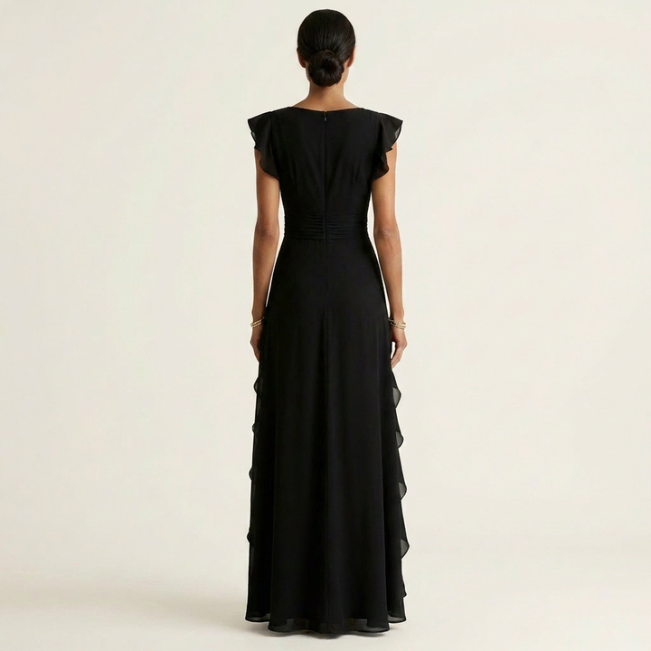 Nellyana | Wrap Style V-Neck Flounce Sleeve Cascading Ruffle Maxi Dress