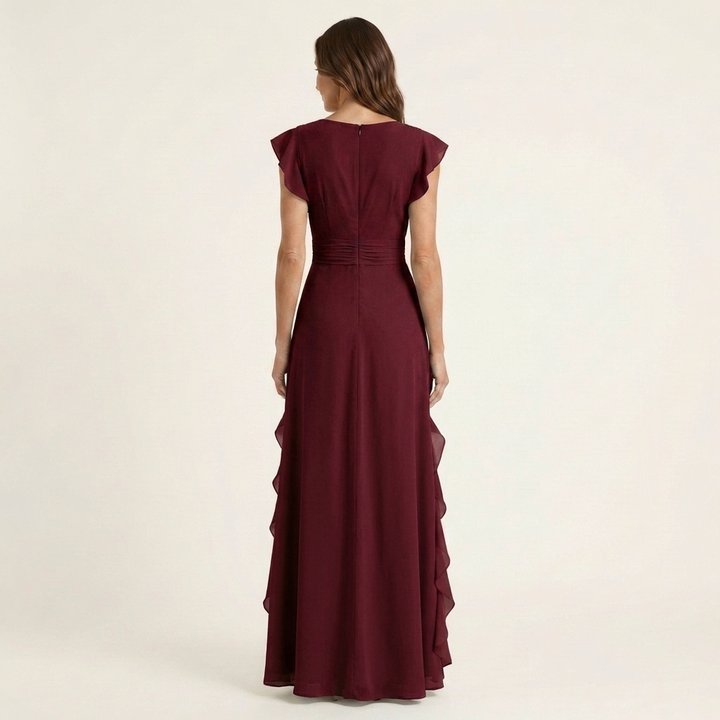 Nellyana | Wrap Style V-Neck Flounce Sleeve Cascading Ruffle Maxi Dress