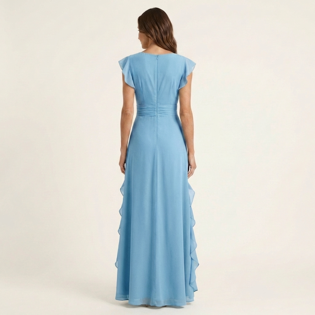 Nellyana | Wrap Style V-Neck Flounce Sleeve Cascading Ruffle Maxi Dress