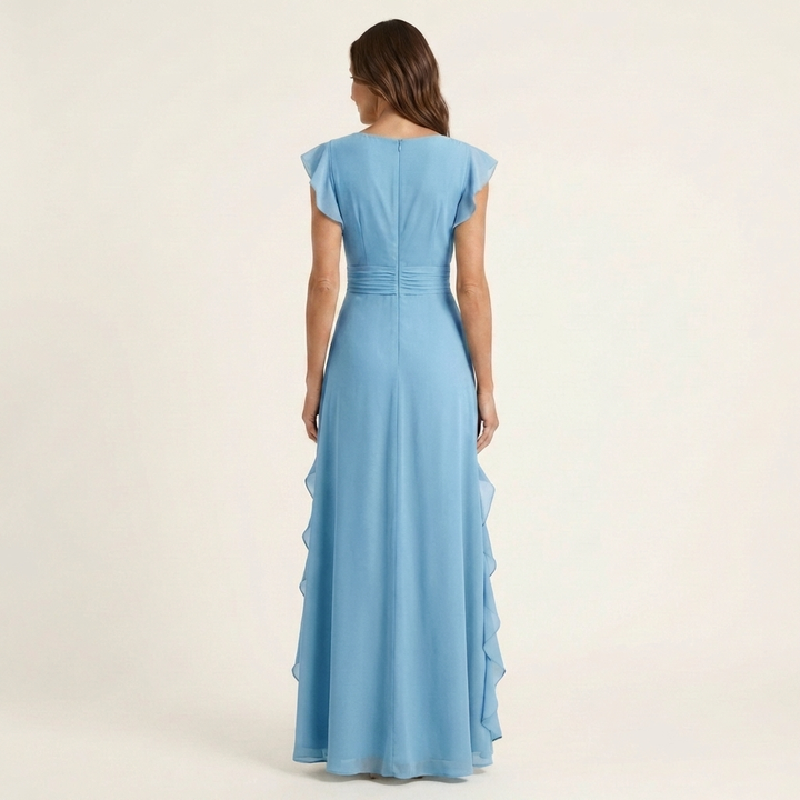 Nellyana | Wrap Style V-Neck Flounce Sleeve Cascading Ruffle Maxi Dress