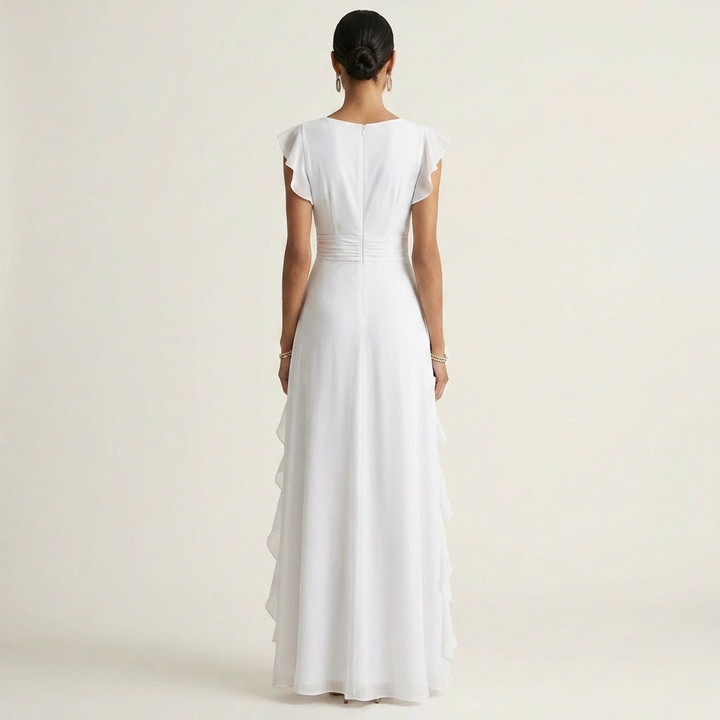 Nellyana | Wrap Style V-Neck Flounce Sleeve Cascading Ruffle Maxi Dress