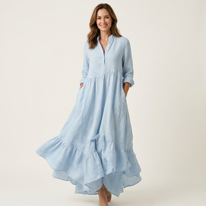 Jilana | Maxi Dress with Stand Collar and Button Placket, Ruffled Hem