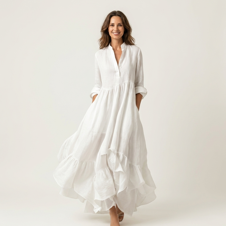 Jilana | Maxi Dress with Stand Collar and Button Placket, Ruffled Hem