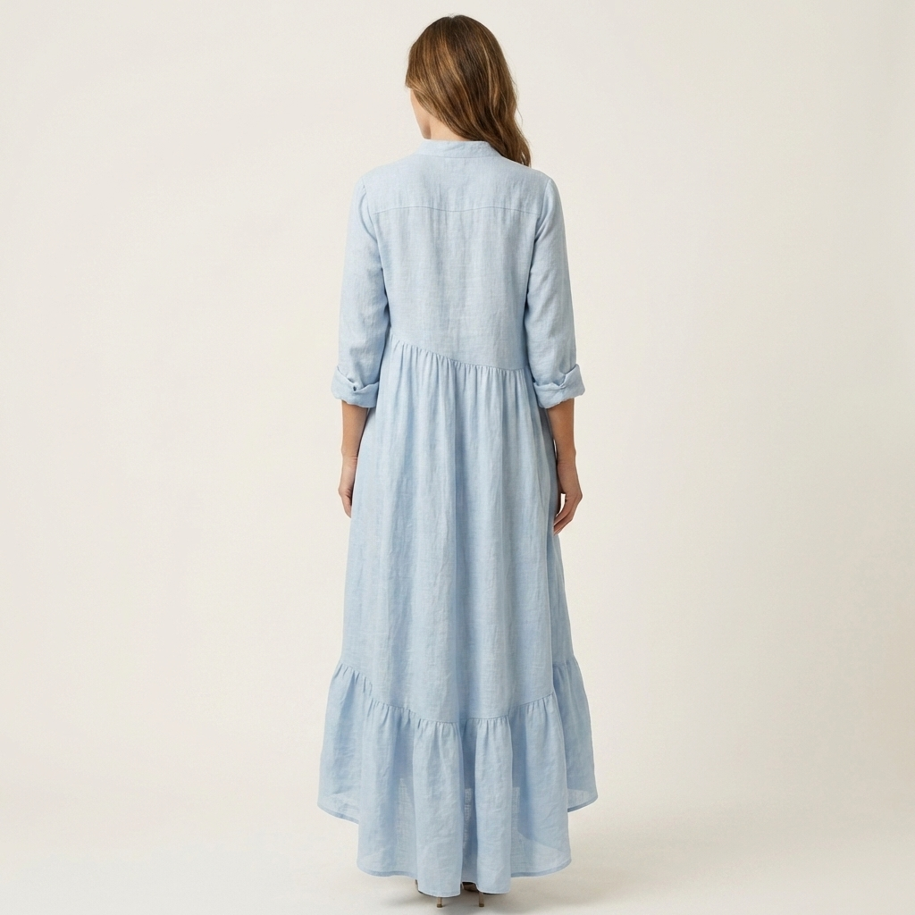 Jilana | Maxi Dress with Stand Collar and Button Placket, Ruffled Hem