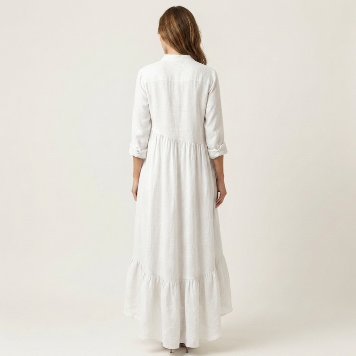 Jilana | Maxi Dress with Stand Collar and Button Placket, Ruffled Hem